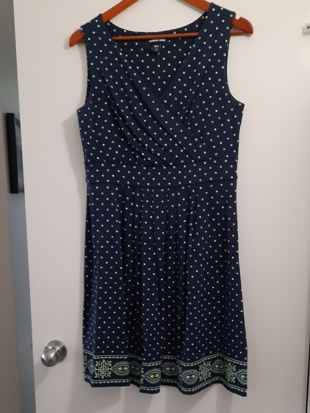 Lands' End Navy Dress with Light Green Polka Dots and Border